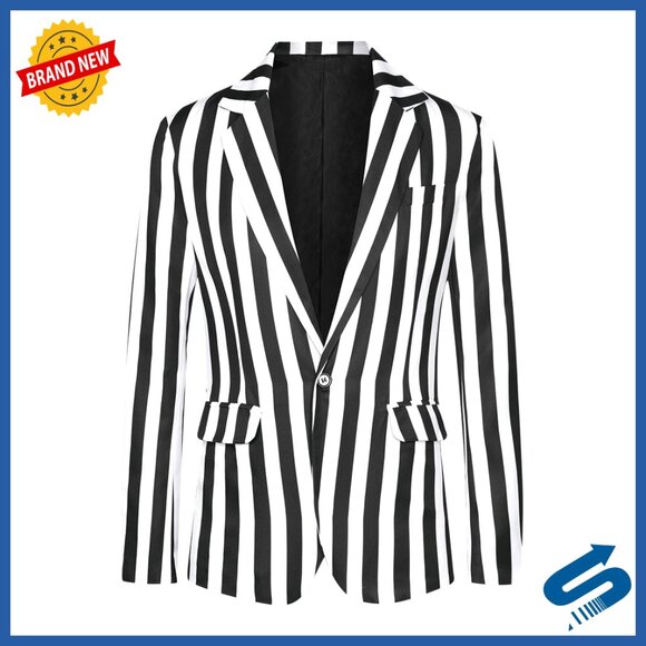 Men's Slim Fit Striped Sport Coat Blazer One Button Business Formal